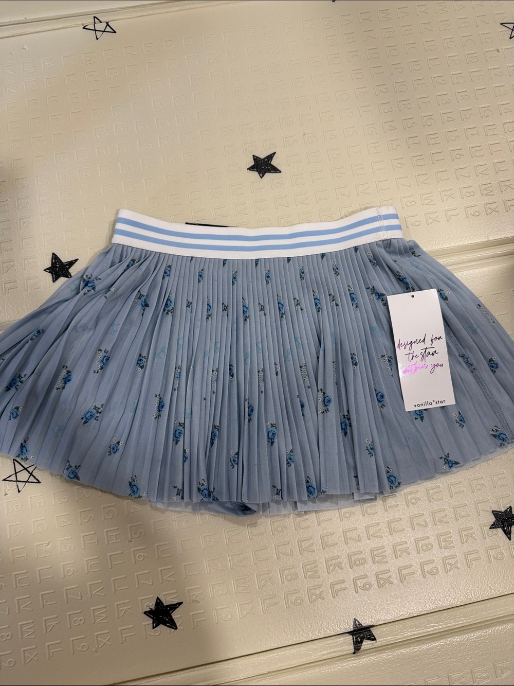 Vanilla Star Gray Pleated Skirt Short with Blue Floral Accents